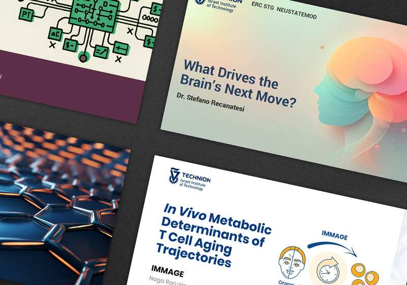 Four ERC grant interview presentation slides for Technion researchers, covering topics including model checking, computational neuroscience, quantum matter and T cell aging