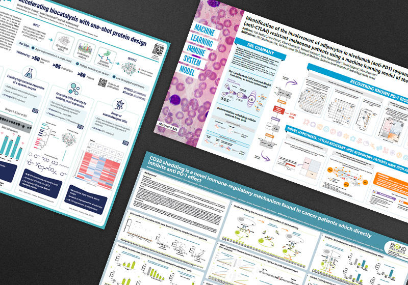 Three scientific conference posters displayed side by side, covering protein design for biocatalysis, machine learning immune system modelling in melanoma patients, and CD28 shedding as an immune regulatory mechanism