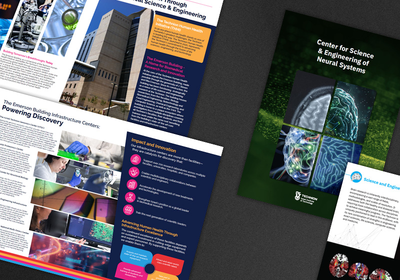 Academic publications including a Technion Human Health Initiative donor brochure, a Center for Science and Engineering of Neural Systems booklet, and supporting print materials