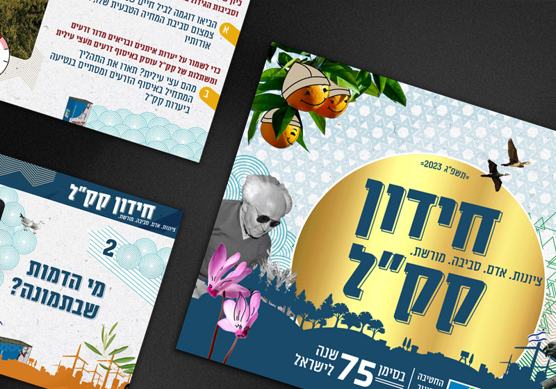 KKL Annual Heritage Quiz interactive application showing question slides with animations, illustrated question cards and the main quiz event screen in Hebrew