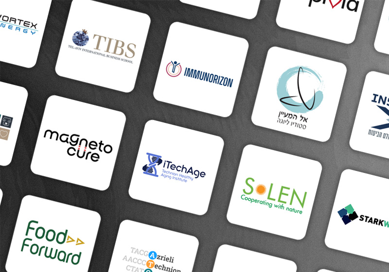 A grid of 28 logos designed for companies and institutions across technology, biotech, finance and academia, including Smoler Proteomics Center, TEC2, Vortex Energy, Immunorizon, Starkware and Food Forward