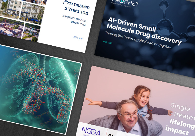 Four investor and pitch presentation cover slides: Buligo Capital real estate investment, Prophet AI-driven small molecule drug discovery, SpliSense RNA platform for pulmonary diseases, and Noga Therapeutics gene therapy