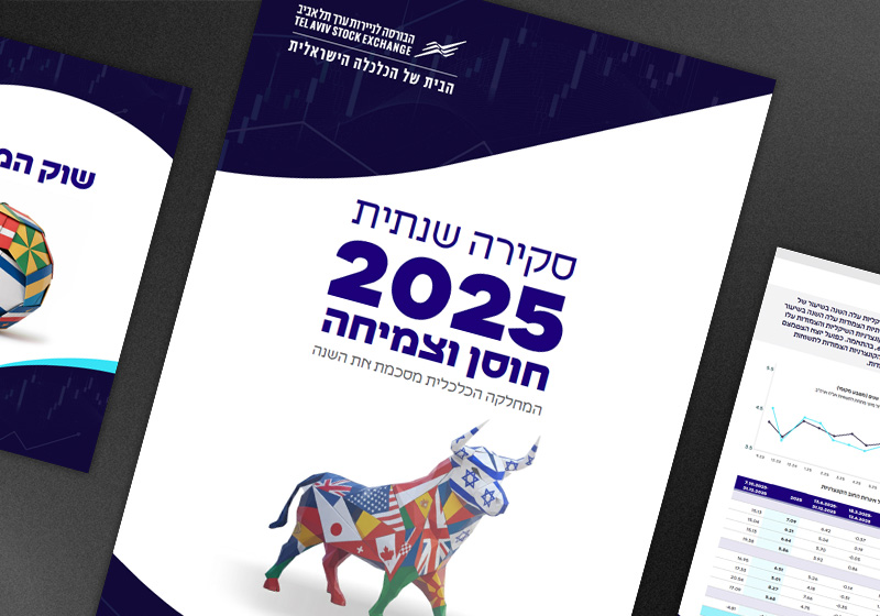 Cover of the TASE 2025 Annual Report featuring a colourful globe sculpture and a bull figure draped in international flags, alongside interior spread with financial data tables and charts